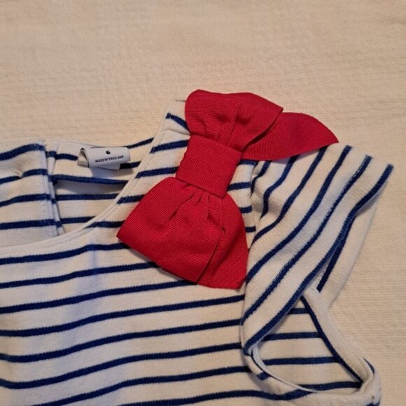 Janie and Jack girls size 6 white with blue stripe romper. Red shoulder bow - Picture 2 of 6